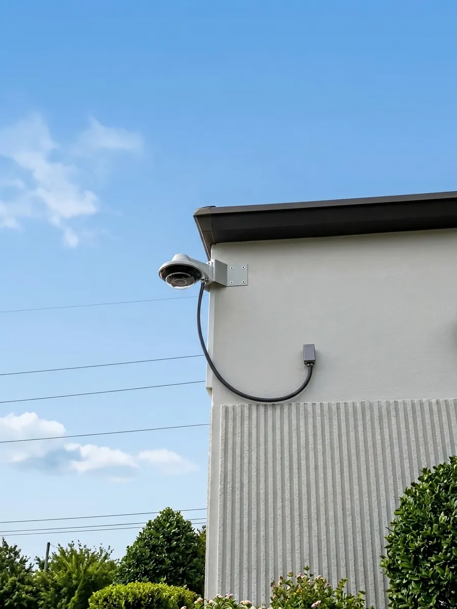 Exterior dome security camera corner-mounted on a commercial building by INTEK